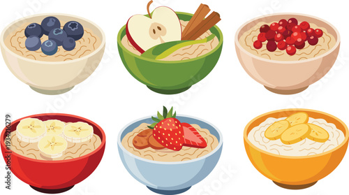 Healthy breakfast oatmeal porridge bowls vector set, organic muesli with fresh blueberries strawberry banana apple and cinnamon, nutritious morning meal food illustration,