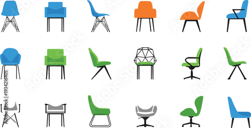 Set of eighteen colorful mid-century modern chair icons, various office and home furniture seat designs, flat vector illustration isolated on white background.