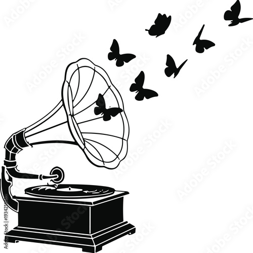 Vintage gramophone silhouette with butterflies flying out of the horn, classic record player music concept, retro audio equipment isolated on white background.