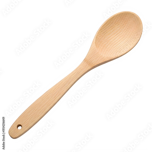 A wooden spoon with a hole in the handle isolated on transparent background