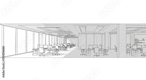 A modern, empty office interior with a long, horizontal layout, featuring rows of desks and chairs, with a flat 2D line drawing style and ample copy space.