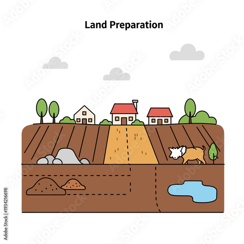 Land preparation for construction or farming with underground layers.