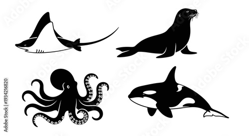 Diverse Marine Animal Silhouettes: Stingray, Sea Lion, Octopus, and Orca Collection