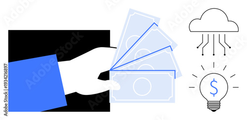 Financial technology, innovation, digital currency, payment systems, business planning, investment ideas. A hand holding money, cloud icon and a lightbulb with a dollar sign. Finance and innovation