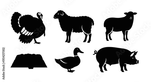 Farm Animals Silhouettes Collection: Turkey, Sheep, Duck, Pig, and Trough Icons