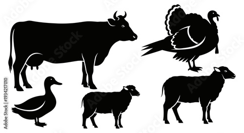 Farm Animals Silhouettes: Cow, Turkey, Duck, and Sheep Livestock Icons Collection