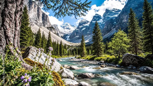 Majestic Mountain Landscape with a Rushing River and Lush Green Forest in Banff National Park Canada.