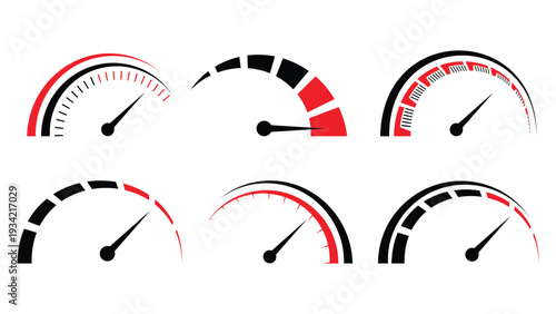 Speedometer Gauge Set Collection – Red and Black Performance Meter Dials Isolated on White