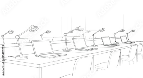 A modern office interior with a long desk featuring multiple computers and lamps in a flat 2D line drawing style, offering ample copy space.