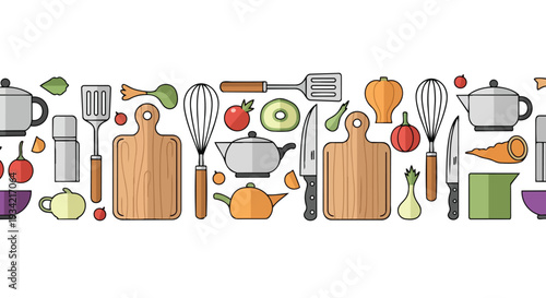 A flat 2D pattern of kitchen utensils and vegetables arranged horizontally for cooking.