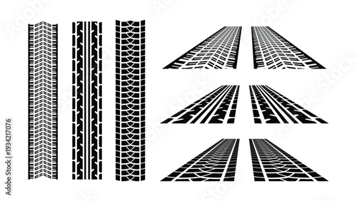 Black Tire Track Marks Set Isolated on White Background – Vehicle Tread Imprints Collection