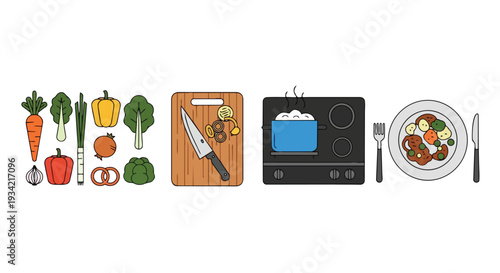 Flat 2D pattern of kitchen utensils and food for cooking on a horizontal layout
