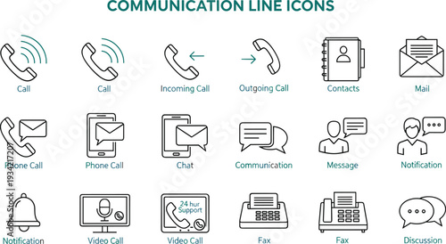 Communication Line Icons Collection with Call Incoming Outgoing Chat Mail Notification and Video Conference Symbols Isolated on White Background