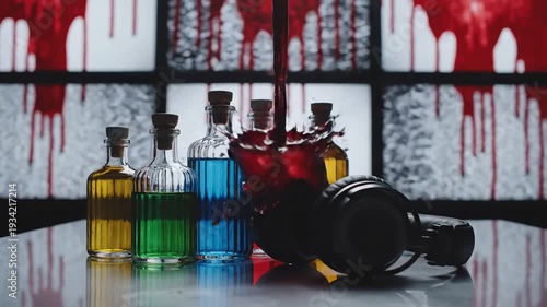 Mysterious colorful liquids in glass bottles with a dark ominous background and a spilled bottle suggesting danger or a science experiment gone wrong.
