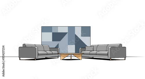 Modern office interior with two gray couches and a wooden coffee table in front of a blue geometric patterned wall, set against a clean white background with copy space in a flat 2D layout.