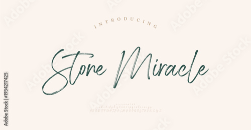 Stone Miracle, Luxury script alphabet letters font with tails. Typography elegant classic lettering serif fonts and number decorative vintage retro concept for logo branding. vector illustration
