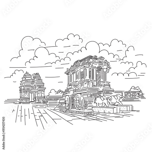 Intricate black and white line art illustration of the historic Hampi Stone Chariot, a magnificent ancient Hindu temple and architectural marvel in India 