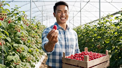 Smiling Asian farmer proudly presents a freshly picked ripe raspberry while holding a wooden crate full of berries in a modern greenhouse farm.