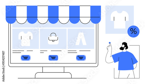 E-commerce, online shopping, digital marketing, retail, discounts, user interaction. Digital storefront displaying products and shopper with discount sign. E-commerce and online shopping concept