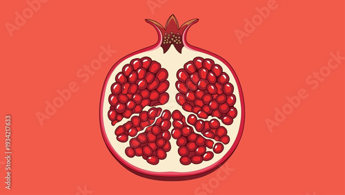 Vibrant vector illustration of a cut pomegranate on a red background.