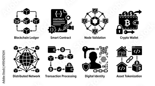 Blockchain and Cryptocurrency Technology Icons Set, Distributed Ledger, Smart Contracts, Decentralized Systems Glyph Pictograms.