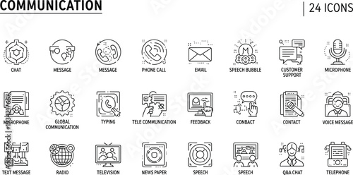 Communication Line Icons Set with Chat Message Email Phone Call Media and Customer Support Symbols Isolated on White Background