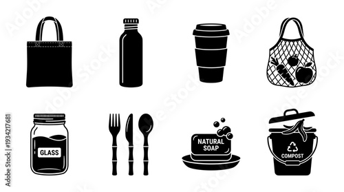 Zero Waste and Eco-Friendly Lifestyle Icons Set, Reusable Products, Sustainable Living, Environment Glyph Pictograms.