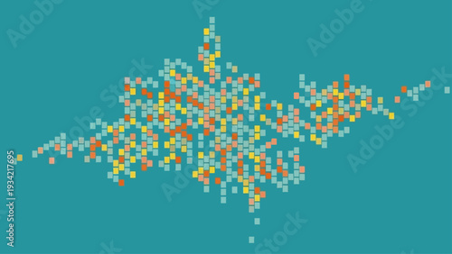 Abstract pixel pattern with colorful squares on a teal background.