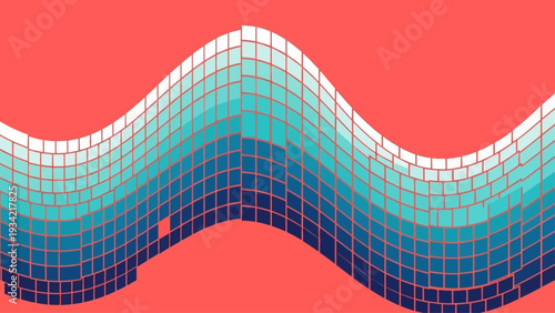 Vibrant pixel mosaic wave structure on coral background