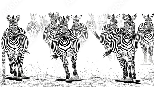 Zebras running in a dynamic black and white illustration.