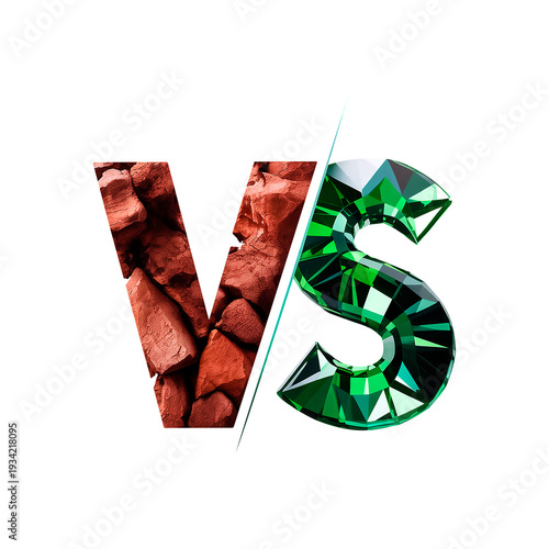 3d versus typography, rough rock and green gem, contrasting textures