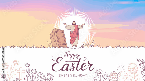 Easter sunday jesus christ standing beside an empty tomb in a serene landscape with flowers