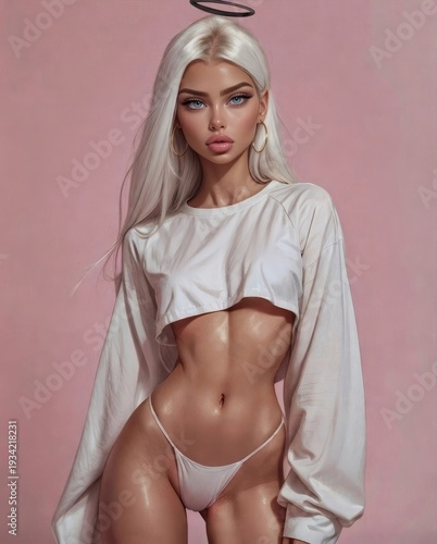 Beautiful Ethereal Woman with White Hair and Angel Halo Wearing White Crop Top - Stunning Fantasy Portrait, Fit Tanned Body, Glowy Skin, Aesthetic Style on Pink Background