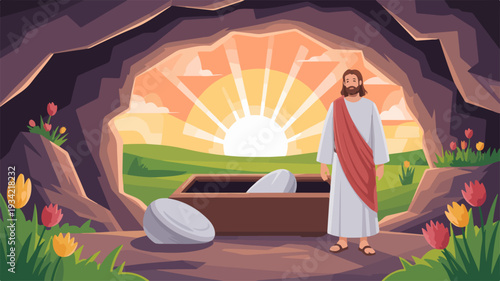 Jesus standing in front of an empty tomb on a sunny easter morning with flowers