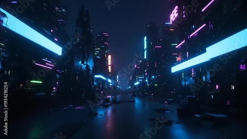 Futuristic Cityscape with Neon Lights at Night.