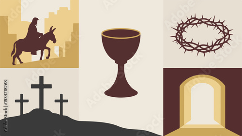 Easter symbols collage with cross chalice crown of thorns and donkey on hill