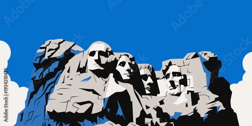 USA, US, U.S, United States - Mount Rushmore aerial perspective, minimal flat vector ultra-wide banner
