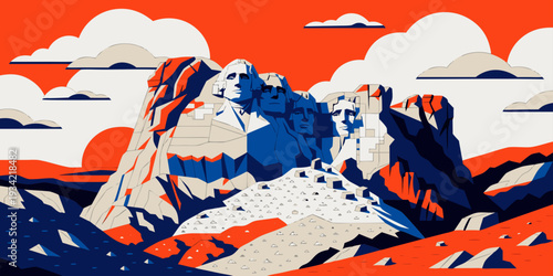 USA, US, U.S, United States - Mount Rushmore at sunset, dramatic shadows on rock, ultra-wide flat vector illustration 
