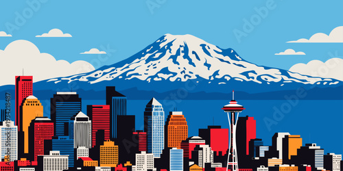 USA, US, U.S, United States - Mount Rainier backdrop, Seattle skyline foreground, ultra-wide flat vector
