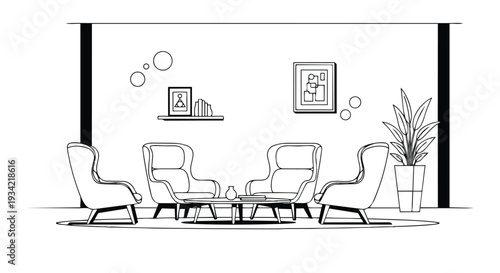 Modern office interior with a flat 2D illustration of a seating area, featuring four chairs, a coffee table, and a potted plant, set against a white background with copy space.