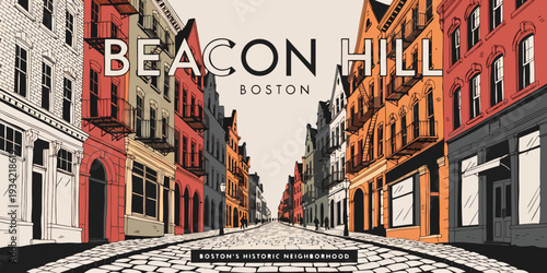 USA, US, U.S, United States - Beacon Hill historic streets, cobblestone line art, ultra-wide vector banner 
