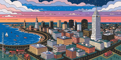 USA, US, U.S, United States - Boston city aerial view at dusk, ultra-wide flat vector banner
