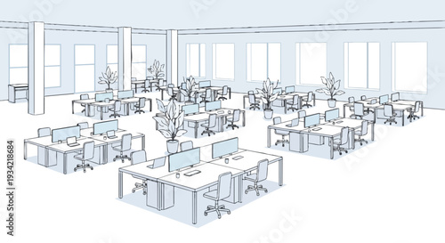 A modern office interior with a flat 2D layout, featuring rows of desks with computers and chairs, arranged horizontally with ample copy space.