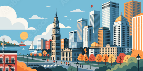 USA, US, U.S, United States - Boston skyline with autumn trees, panoramic flat vector, soft gradients
