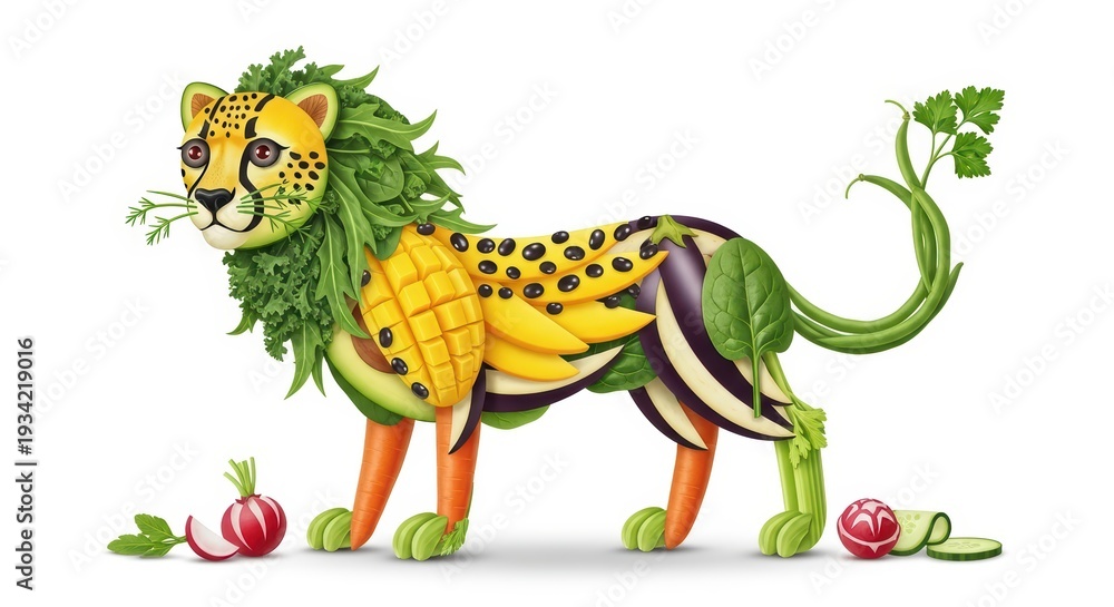 Fototapeta premium Creative lion made of fruits and vegetables