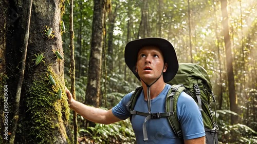 Adventurous hiker exploring a dense lush rainforest with sunlight filtering through the canopy surrounded by vibrant green foliage and ancient trees.