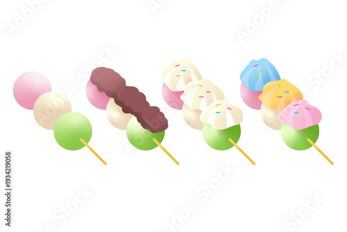 三色団子、花見団子のイラストレーションセット素材 お花見 ひな祭り 和菓子 春 ベクター