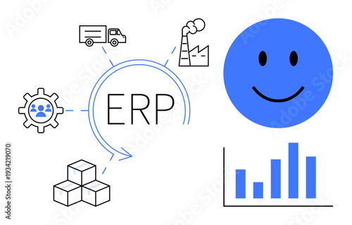 ERP system concept. ERP links supply chain operations, enhances productivity, and manages data efficiently. ERP facilitates workflow optimization and digital integration. For business, logistics