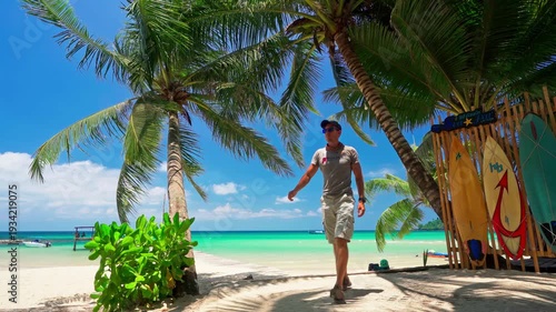 The coconut tree leaves with background with sea waves on the beach for background