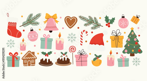 Christmas icons and objects including presents, tree, stocking, and treats on cream background for holiday decoration and design